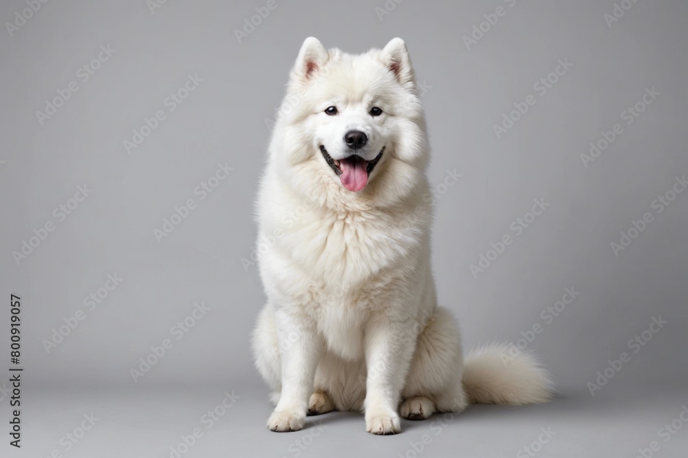 sit Samoyed dog with open mouth looking at camera, copy space. Studio shot. sit Samoyed dog with open mouth looking at camera, copy space. Studio shot.
