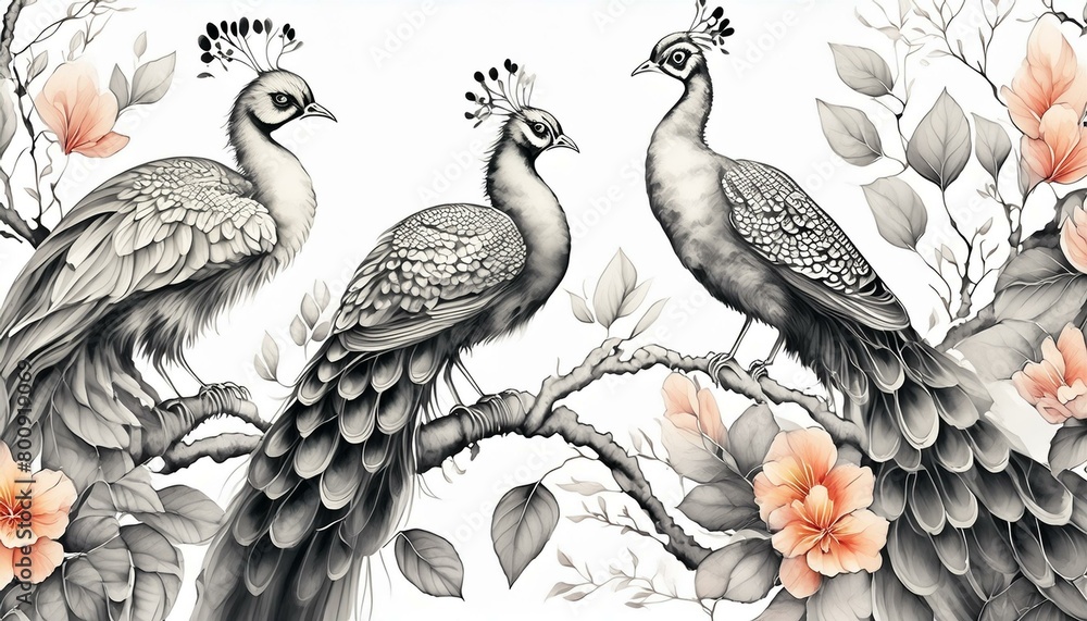 Fototapeta premium Peacocks sitting on tree branches. Graphics, wallpaper