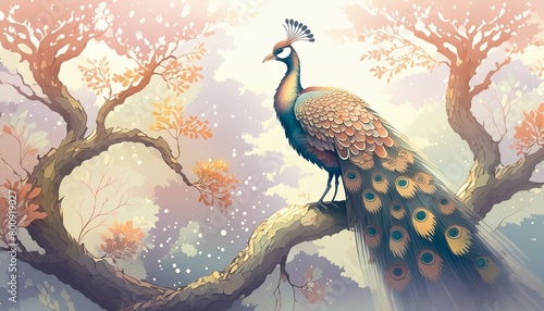 Colorful peacocks sitting on a tree branch. Oriental  exotic wallpaper  graphics