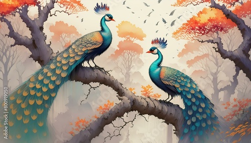 Colorful peacocks sitting on a tree branch. Oriental, exotic wallpaper, graphics photo