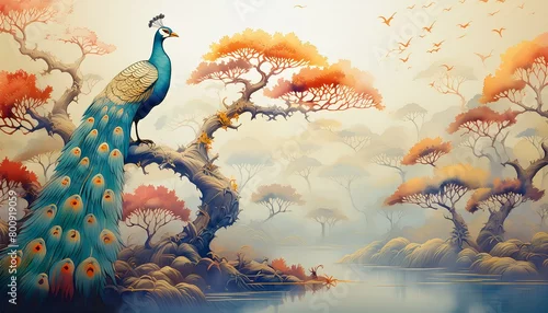 Obraz Kolorowe pawie siedzące na gałęzi drzewa. Orientalna, egzotyczna tapeta, grafika