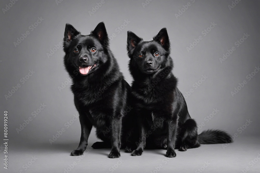 Two sit Schipperke dog with open mouth looking at camera, copy space. Studio shot.