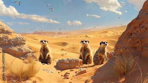 a group of meerkats playing on the desert photo
