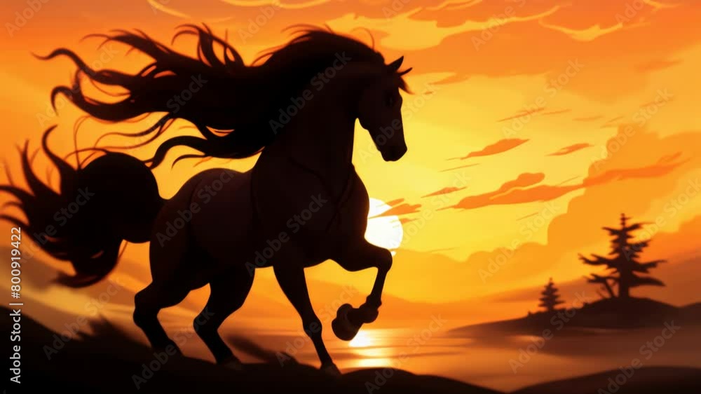 4K animation of silhouette of horse, mane blowing in wind, sunset backdrop 4K animation of silhouette of horse, mane blowing in wind, sunset backdrop
