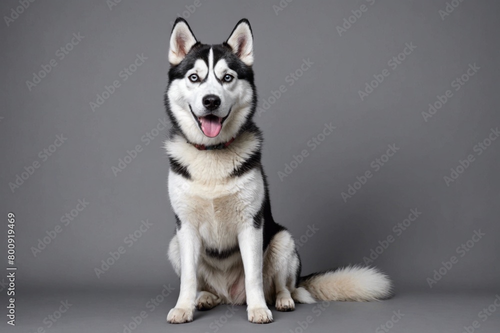 sit Siberian Husky dog with open mouth looking at camera, copy space. Studio shot.