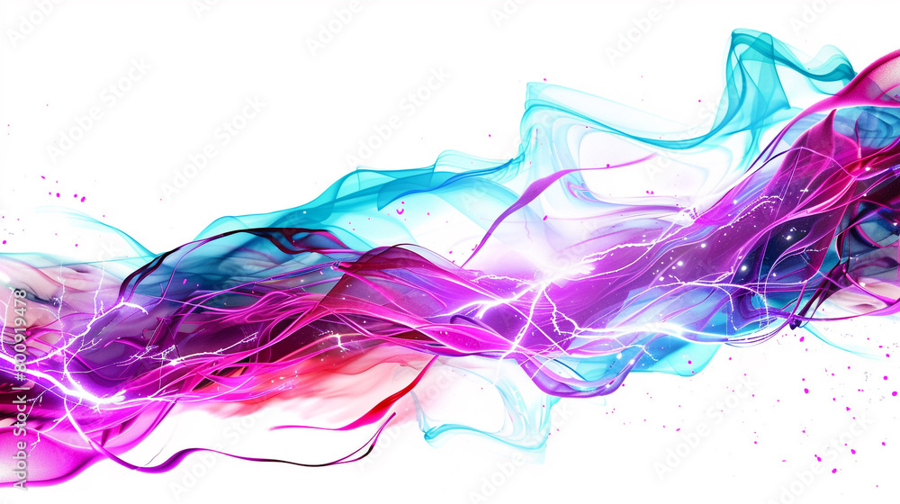 Luminous magenta neon lightning arcs with vivid turquoise wave patterns, isolated on a solid white background.