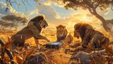 A group of lions playing a strategy game on a savanna, using a solar-powered console.