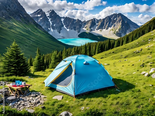  Stunning mountain campsite with vibrant tent, a perfect summer getaway for adventurous tourists design. 