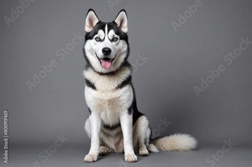 sit Siberian Husky dog with open mouth looking at camera  copy space. Studio shot.