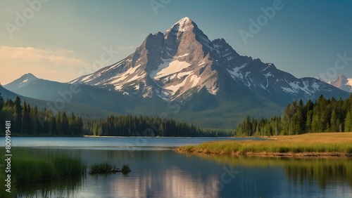 A mountain lake with crystal clear water reflecting the mountains and trees on the shore.