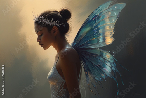 A beautifully ethereal pixie adorned in shimmering iridescent wings, her presence exuding a sense of otherworldly mystery and grace.