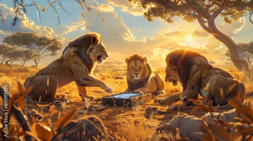 A group of lions playing a strategy game on a savanna, using a solar-powered console. photo