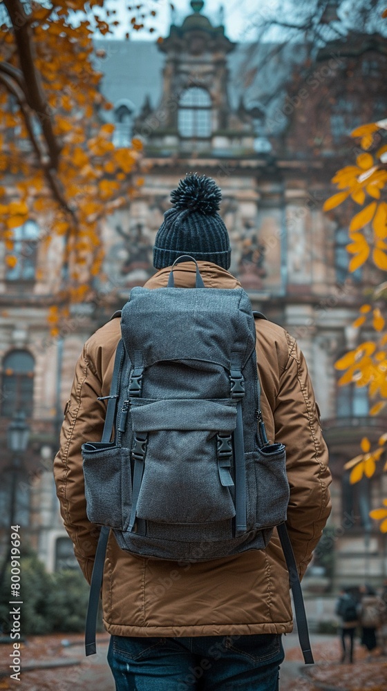 Someone walking through a university campus with the backpack Someone walking through a university campus with the backpack