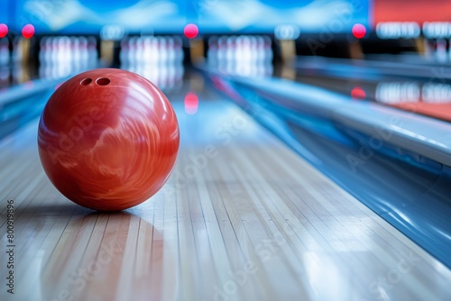 Dynamic bowling alley shot with rolling ball, blurred trajectory, pins awaiting, vibrant lights