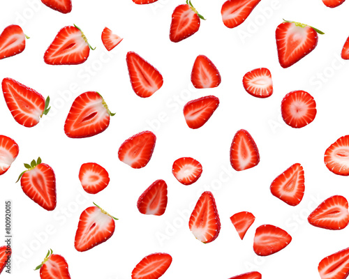 Sliced ripe strawberries arranged in a scattered pattern, vibrant and fresh, against a transparent background. Generative AI 