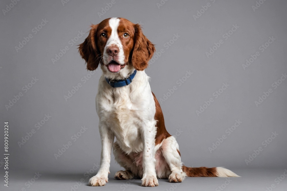 sit Welsh Springer Spaniel dog with open mouth looking at camera, copy space. Studio shot.