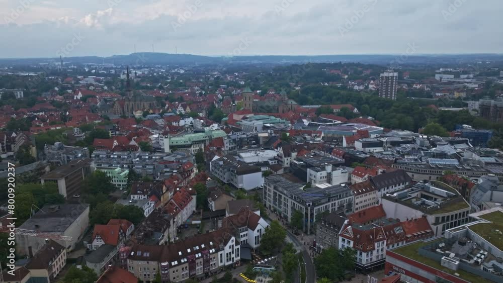 Aerial drone view of Osnabrück's Innenstadt in Germany. The old town center is known for its colorful gabled houses and centuries-old buildings. Aerial drone view of Osnabrück's Innenstadt in Germany. The old town center is known for its colorful gabled houses and centuries-old buildings.