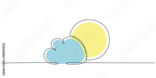 Sun and cloud - hand drawing one single continuous line banner. Vector stock illustration isolated on white background for design template weather forecast, travel blog. Editable stroke. 