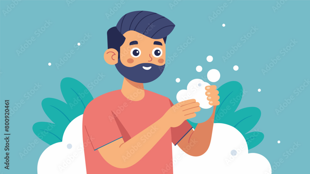 The man starts off by washing his face with a gentle cleanser lathering it into a frothy foam.. The man starts off by washing his face with a gentle cleanser lathering it into a frothy foam..