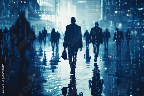 Business People Walking in a Luminous Data Tunnel with Binary Code Overlay and Cityscape - Tech Industry Digital Transformation