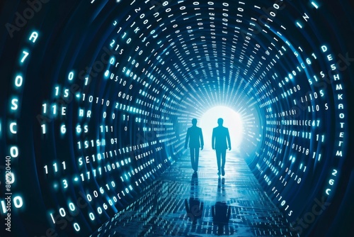 Business People Walking in a Luminous Data Tunnel with Binary Code Overlay and Cityscape - Tech Industry Digital Transformation