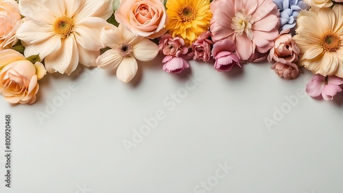 Colorful gerbera flowers on pastel background with copy space.