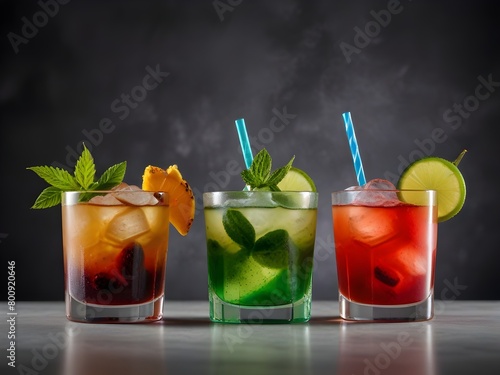 Variety of sweet alcohol coktails in different glasses, mojito, mai tai and sex on the beach, side view, vertical, generative AI photo