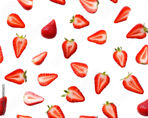 Sliced ripe strawberries arranged in a scattered pattern, vibrant and fresh, against a transparent background. Generative AI
