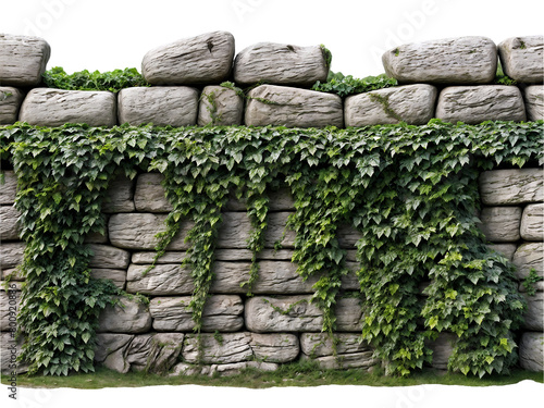 An old stone wall covered in ivy and foliage on a transparent background. Rustic weathered stone wall PNG.