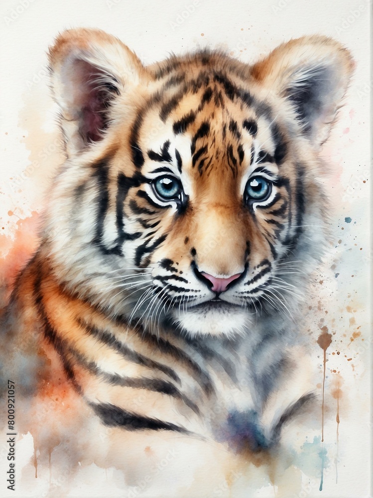 Naklejka premium An expressive watercolor painting of a tiger cub with detailed stripes and captivating eyes that seem to follow you