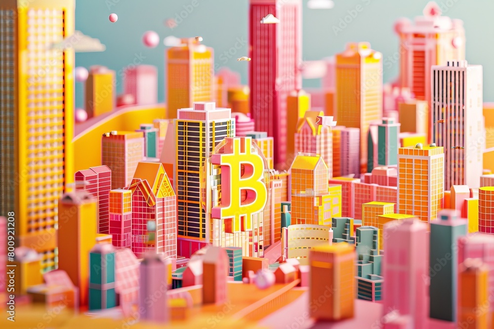3d illustration of bitcoin around the city on bokeh background 3d illustration of bitcoin around the city on bokeh background