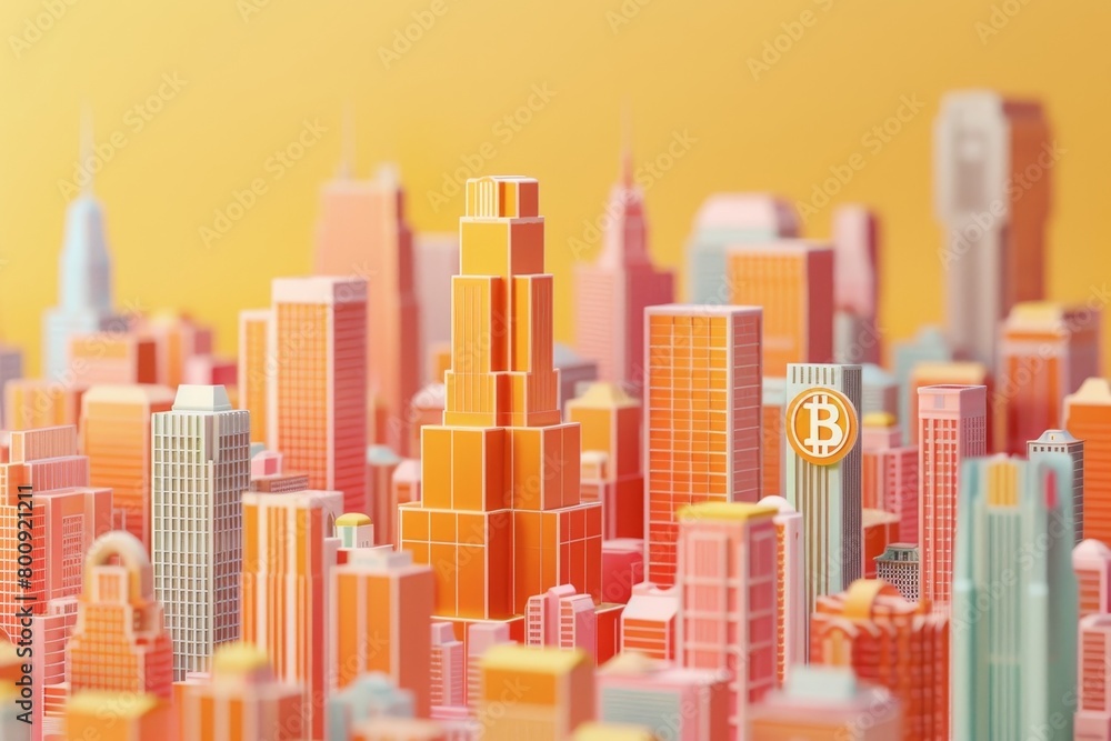 3d illustration of bitcoin around the city on bokeh background