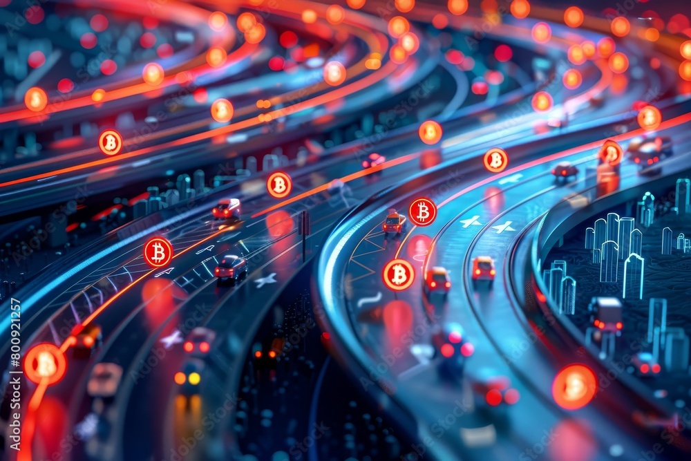 3d illustration of bitcoin around the city on bokeh background 3d illustration of bitcoin around the city on bokeh background
