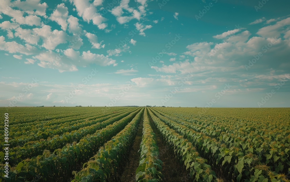 Wide Stretching Soybean Plantation Underneath Clear Skies, Vast Soybean Cultivation Under a Crystal Clear Firmament