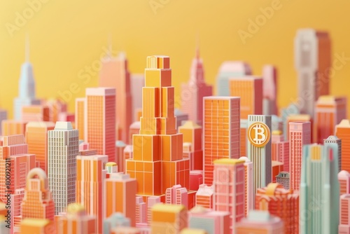 3d illustration of bitcoin around the city on bokeh background