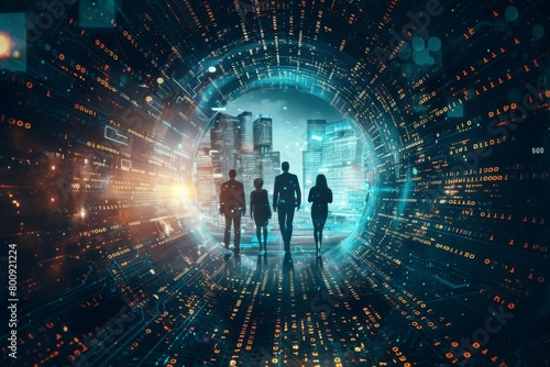 Business People Walking in a Luminous Data Tunnel with Binary Code Overlay and Cityscape - Tech Industry Digital Transformation © melhak