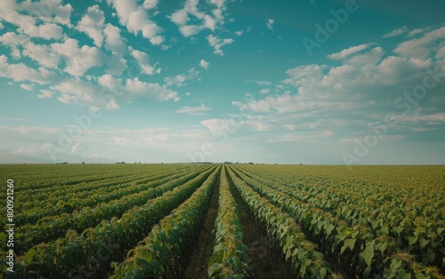 Wide Stretching Soybean Plantation Underneath Clear Skies, Vast Soybean Cultivation Under a Crystal Clear Firmament