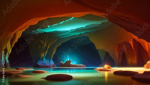 Animation of cave illuminated in red and blue, reflecting on water, underground lake, stepping stones, 4K photo