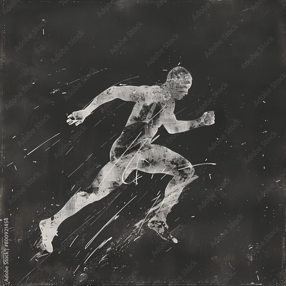 Fototapeta premium Dynamic Chalk Runner Sprinting, Intense Speed and Motion on Dark Background