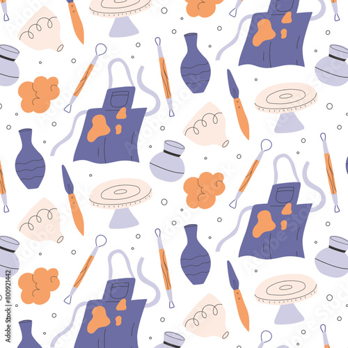 Seamless pattern with pottery tools and ceramic vases. Vector illustration. Pottery pattern in hand-drawn style.