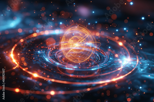 An illustration of an atom with a glowing nucleus and electrons orbiting it. The background is a dark blue with bright red and orange highlights, quantum computer idea concept.