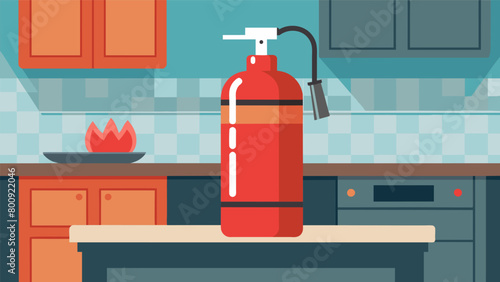 A fire extinguisher in a kitchen always within reach in case of an accidental blaze. photo