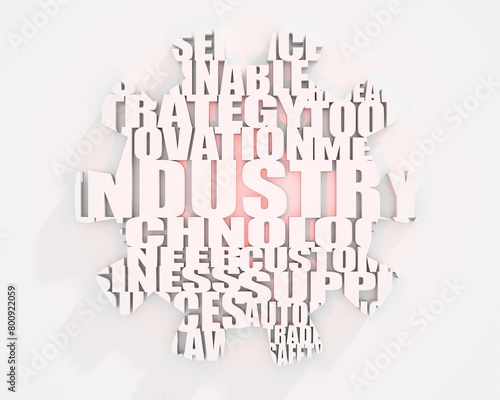 Industry word build in relative tags cloud concept. Text integrated in gear. 3D render