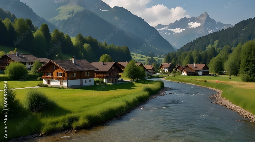Obraz premium Swiss landscape with river stream and houses.generative.ai