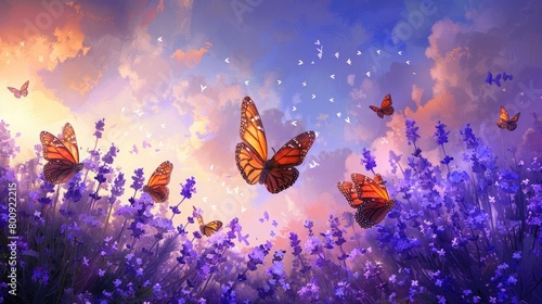 A group of butterflies fluttering around a blooming field of lavender, painting a scene of natural grace and elegance.