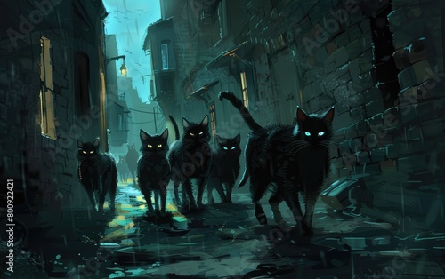A Coven of Ebony Felines Strolls Across a Dusk lit Path, Midnight Stroll of Feline Phantoms, Onyx Panther Parade