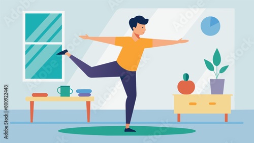 Practicing balance and coordination a man performs bodyweight exercises in the comfort of his own home..
