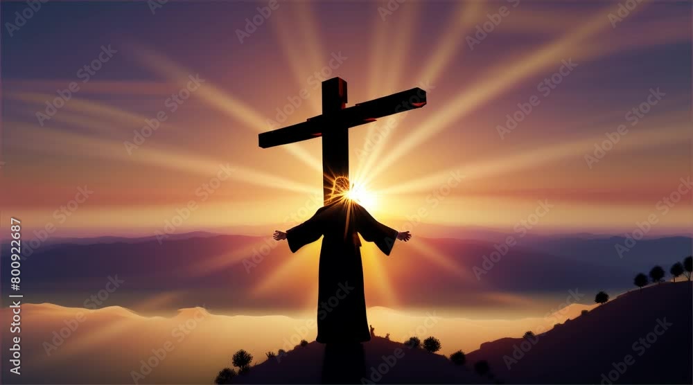 Silhouette of the cross against a sunset sky, with people's hands reaching up in freedom amidst nature's dance of light and shadow Silhouette of the cross against a sunset sky, with people's hands reaching up in freedom amidst nature's dance of light and shadow