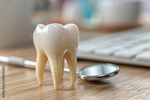 Model of a healthy tooth on the table. When it comes to dental care  hygiene is of utmost importance for oral health and a bright smile.