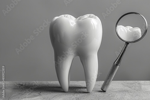 In dentistry  professional instruments and modern technologies ensure oral health and a bright smile. Model of a white tooth on a gray background.